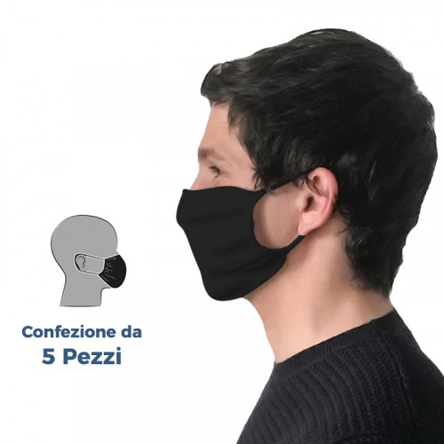 (Set da 5 Pezzi) - Mascherine in Tessuto BLACK Filtranti Protettive Lavabili